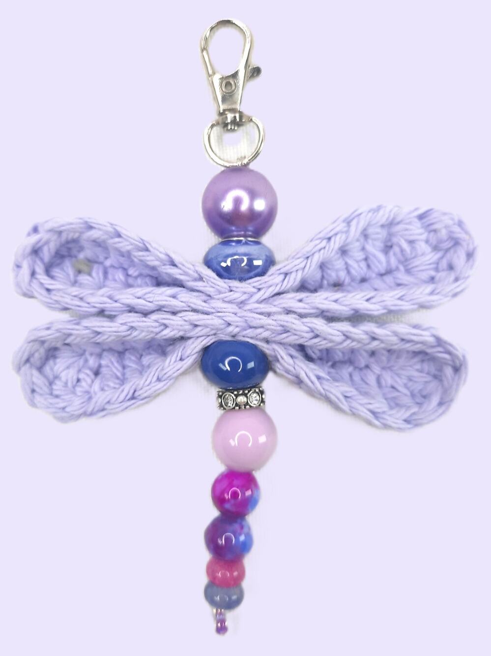 Crochet Dragonfly Bag Charm Beaded Purse Keychain Handmade Purple Whimsical Gift